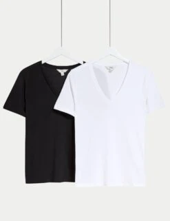 2pk Pure Cotton V-neck T-Shirts -M&S 2pk pure cotton v neck t shirts 5