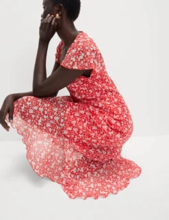 Chiffon Floral V-Neck Angel Sleeve Midaxi Tea Dress