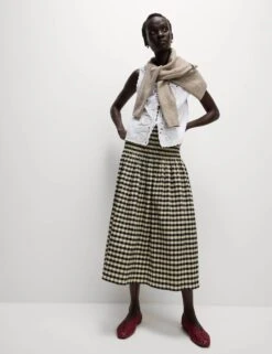 Cotton Blend Checked Midaxi A Line Skirt -M&S Cotton Blend Checked Midaxi A Line Skirt 2