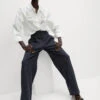 Cotton Blend Denim Look Wide Leg Trouser