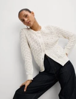 Cotton Blend Embellished Crew Neck Cardigan -M&S Cotton Blend Embellished Crew Neck Cardigan 4