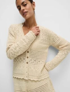 Cotton Blend Pointelle V-Neck Button Front Cardigan