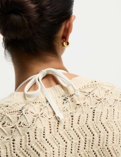 Cotton Blend Pointelle V-Neck Button Front Cardigan -M&S Cotton Blend Pointelle V Neck Button Front Cardigan 3