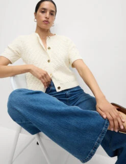 Cotton Blend Textured Button Front Cropped Cardigan -M&S Cotton Blend Textured Button Front Cropped Cardigan 2