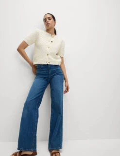 Cotton Blend Textured Button Front Cropped Cardigan -M&S Cotton Blend Textured Button Front Cropped Cardigan 3