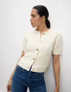 Cotton Blend Textured Button Front Cropped Cardigan -M&S Cotton Blend Textured Button Front Cropped Cardigan 5