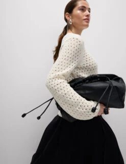 Cotton Blend Textured Crew Neck Fringe Jumper