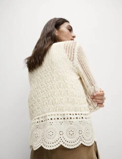 Cotton Rich Pointelle Crew Neck Slim Fit Knitted Top