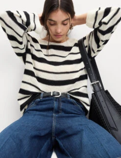 Cotton Rich Striped Crew Neck Fitted Jumper