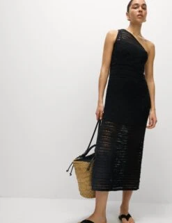 Cotton Rich Textured One Shoulder Midi Beach Dress