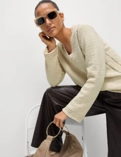 Cotton Rich Textured V-Neck Slub Jumper -M&S Cotton Rich Textured V Neck Slub Jumper 4