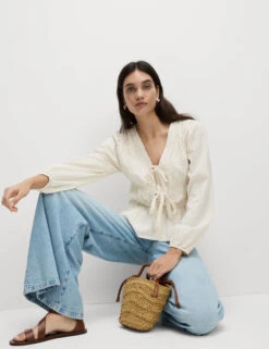 Cotton Rich Tie Front Blouse