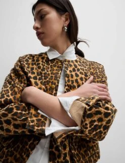 Denim Leopard Print Collarless Jacket -M&S Denim Leopard Print Collarless Jacket 6