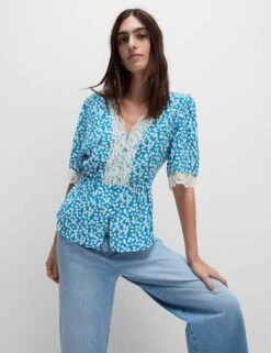 Floral Lace Detail V-Neck Blouse