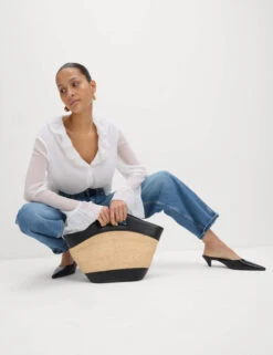 Frill Neck Broderie Button Through Blouse