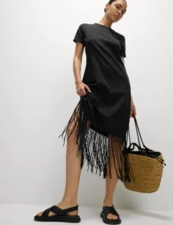 Jersey Fringe Trim Midaxi T-Shirt Beach Dress