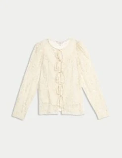 Lace Round Neck Tie Front Blouse -M&S Lace Round Neck Tie Front Blouse 3