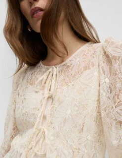 Lace Round Neck Tie Front Blouse -M&S Lace Round Neck Tie Front Blouse 6