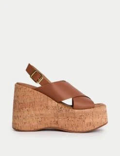 Leather Crossover Ankle Strap Wedge Sandals