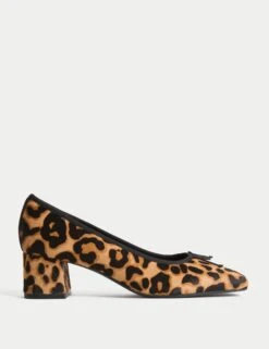 Leather Leopard Print Block Heel Court Shoes
