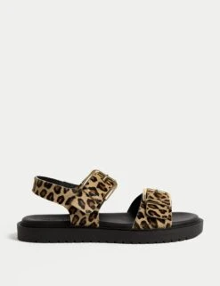Leather Leopard Print Flatform Sandals