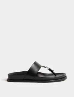 Leather Look Buckle Footbed Toe Thong Sandals