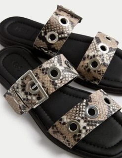 Leather Snake Print Buckle Flat Sandals -M&S Leather Snake Print Buckle Flat Sandals 2