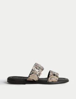 Leather Snake Print Buckle Flat Sandals