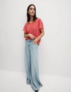 Linen Blend Striped V-Neck T-Shirt -M&S Linen Blend Striped V Neck T Shirt 2