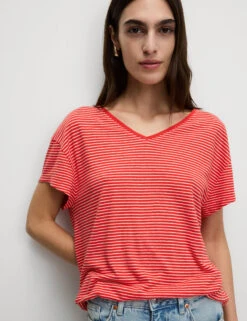 Linen Blend Striped V-Neck T-Shirt