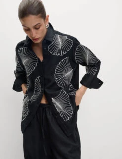 Linen Rich Embroidered Collared Relaxed Shirt