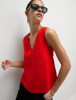 Linen Rich V-Neck Lace Insert Top -M&S Linen Rich V Neck Lace Insert Top 2