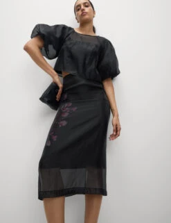 Organza Floral Midi Pencil Skirt