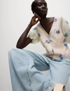 Organza Floral V-Neck Puff Sleeve Blouse