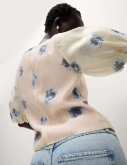 Organza Floral V-Neck Puff Sleeve Blouse -M&S Organza Floral V Neck Puff Sleeve Blouse 4