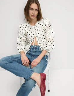 Polka Dot Tie Front Puff Sleeve Blouse -M&S Polka Dot Tie Front Puff Sleeve Blouse 2