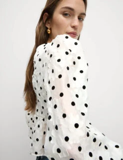 Polka Dot Tie Front Puff Sleeve Blouse