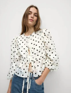 Polka Dot Tie Front Puff Sleeve Blouse -M&S Polka Dot Tie Front Puff Sleeve Blouse 4