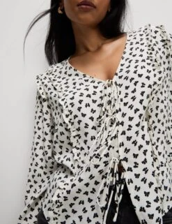 Printed Tie Front Ruffle Blouse
