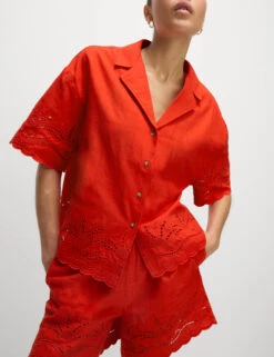 Pure Cotton Broderie Collared Button Through Beach Shirt