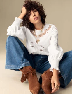 Pure Cotton Embroidered Crew Neck Blouse