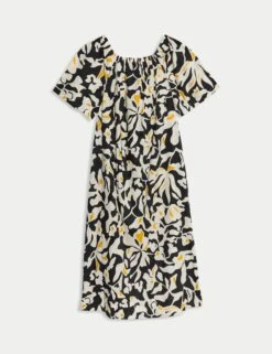Pure Cotton Printed Bardot Midaxi Dress -M&S Pure Cotton Printed Bardot Midaxi Dress 1