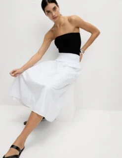 Pure Cotton Shirred Midi A-Line Skirt