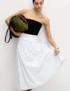 Pure Cotton Shirred Midi A-Line Skirt -M&S Pure Cotton Shirred Midi A Line Skirt 4