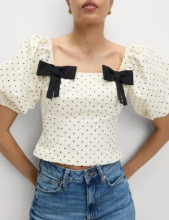 Pure Cotton Square Neck Polka Dot Bow Top