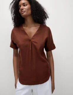 Pure Linen V-Neck Relaxed Popover Blouse -M&S Pure Linen V Neck Relaxed Popover Blouse 2