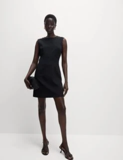 Round Neck Button Detail Mini Shift Dress