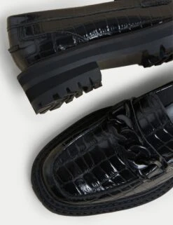 Leather Croc Block Heel Square Toe Loafers -M&S SD 01 T02 4985B Y0 X EC 1