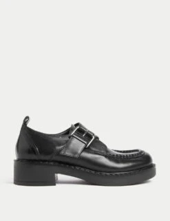 Leather Buckle Block Heel Brogues