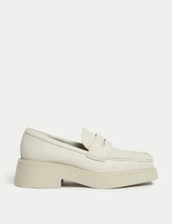 Leather Block Heel Square Toe Loafers